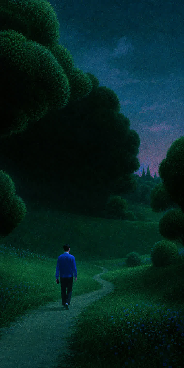 A man walking a path away from us, at dusk, into open ground