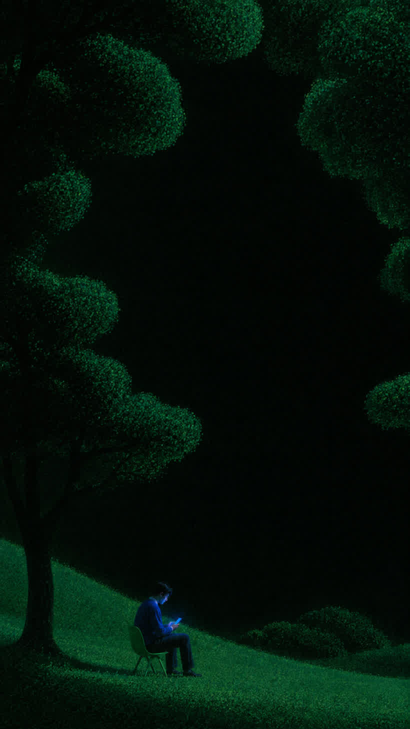 A man sitting under a large tree at dusk, his phone the only cold light in the frame